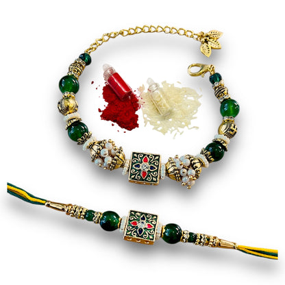 NiLy Craft Handmade Premium Couple Rakhi Gift Set | Green Traditional Charm with Unique Design Rakhi Combo | Includes Roli Kumkum & Chawal | Traditional Raksha Bandhan Gift Set for Bhaiya Bhabhi, Brother & Sister