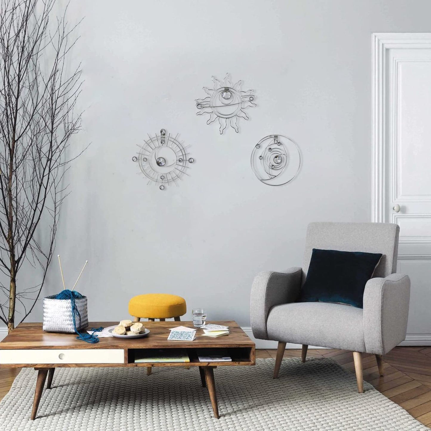 Silver Metal Wall Art, Abstract Sun Moon Star Decor, Handmade Wall Decor