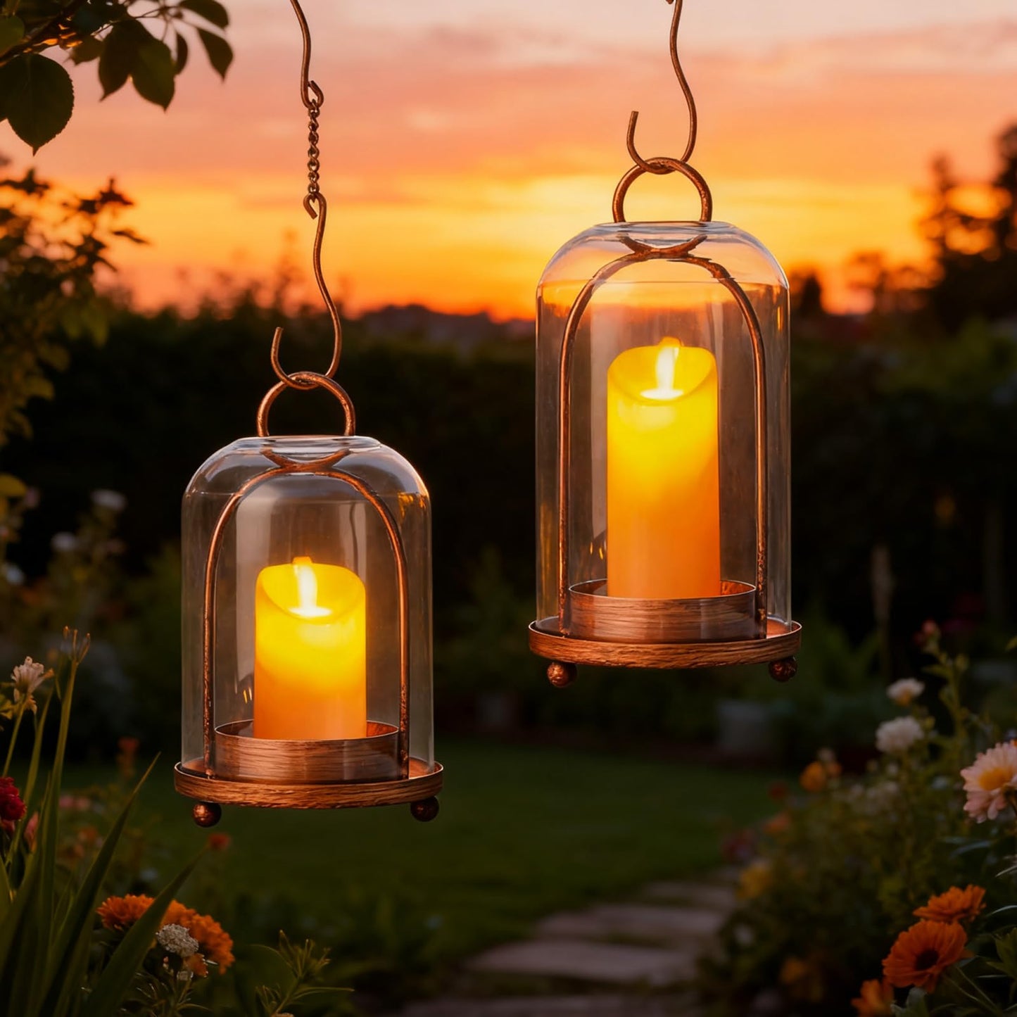 Glass Hurricane Candle Holder Decorative Gold Candle Lantern, Candlestick Holders, Hanging Metal Holder Modern Table Centerpieces (2, Brass, Large & Small)