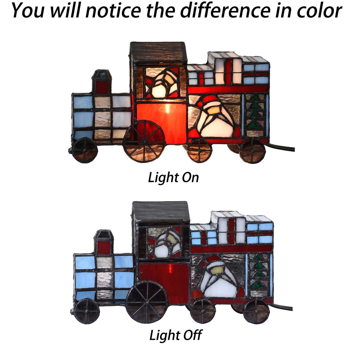 Bieye L10775 Christmas Train Tiffany Style Stained Glass Accent Table Lamp Night Light for Home Decoration, 9" L x 5.5" H