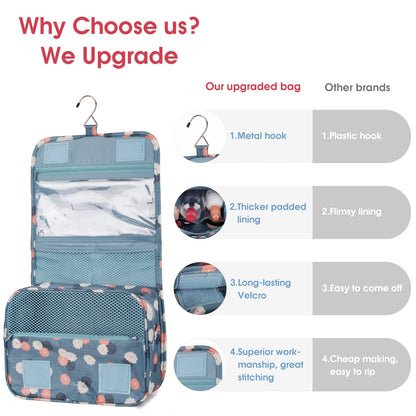 Narwey Hanging Toiletry Bag for Women Travel Makeup Bag Organizer Toiletries Bag for Travel Size Cosmetics Essentials Accessories (Blue Flower)