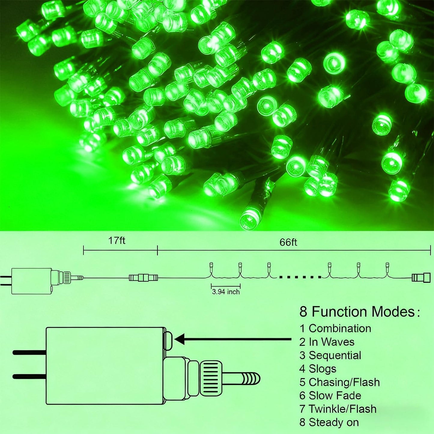 HOME LIGHTING 200 LED 66FT Christmas String Lights, St Patricks Day Fairy Lights with 8 Lighting Modes, String Mini Light Plug in for Indoor Outdoor Tree Garden Wedding Party Decoration, Green