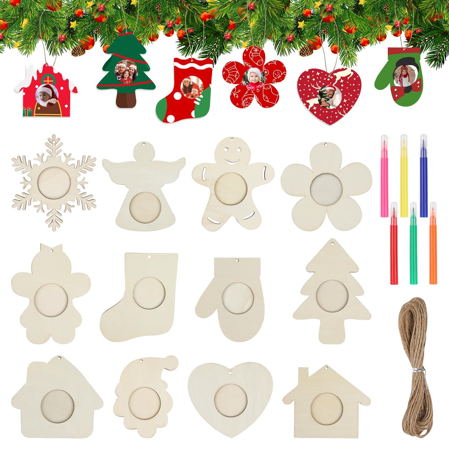 CCINEE 24Pack Christmas Wooden Photo Frame Ornaments DIY Unfinished Wood Picture Frame Ornaments with Pens Xmas Photo Ornament Frames Decor for Holiday Picture Frame Presents and Tree Decoration