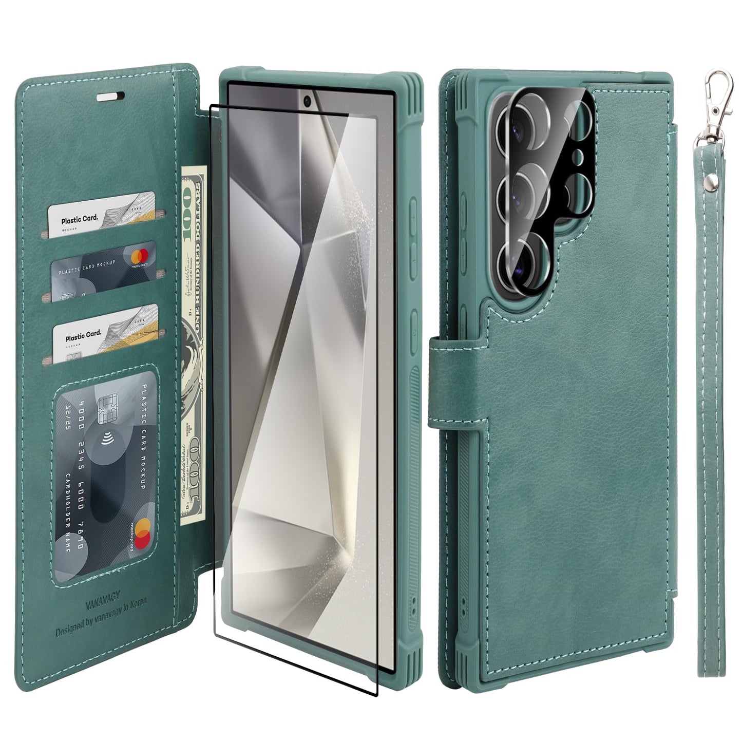 VANAVAGY Wallet Case for Galaxy S24 Ultra with RFID Blocking Card Holder, [Screen Protector & Camera Lens Protector] PU Leather Flip Case with Strap for Wireless Charging,Forest Green