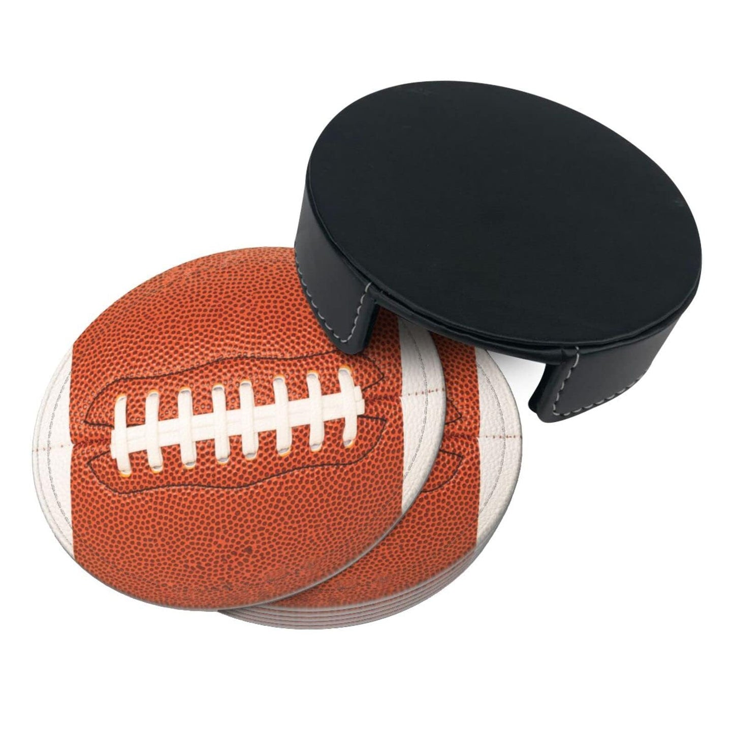 sunwarshile Football Coasters for Drinks with Holder Round Leather Coasters Set of 6 Cups Mugs Mat Pad for Home Kitchen Bar