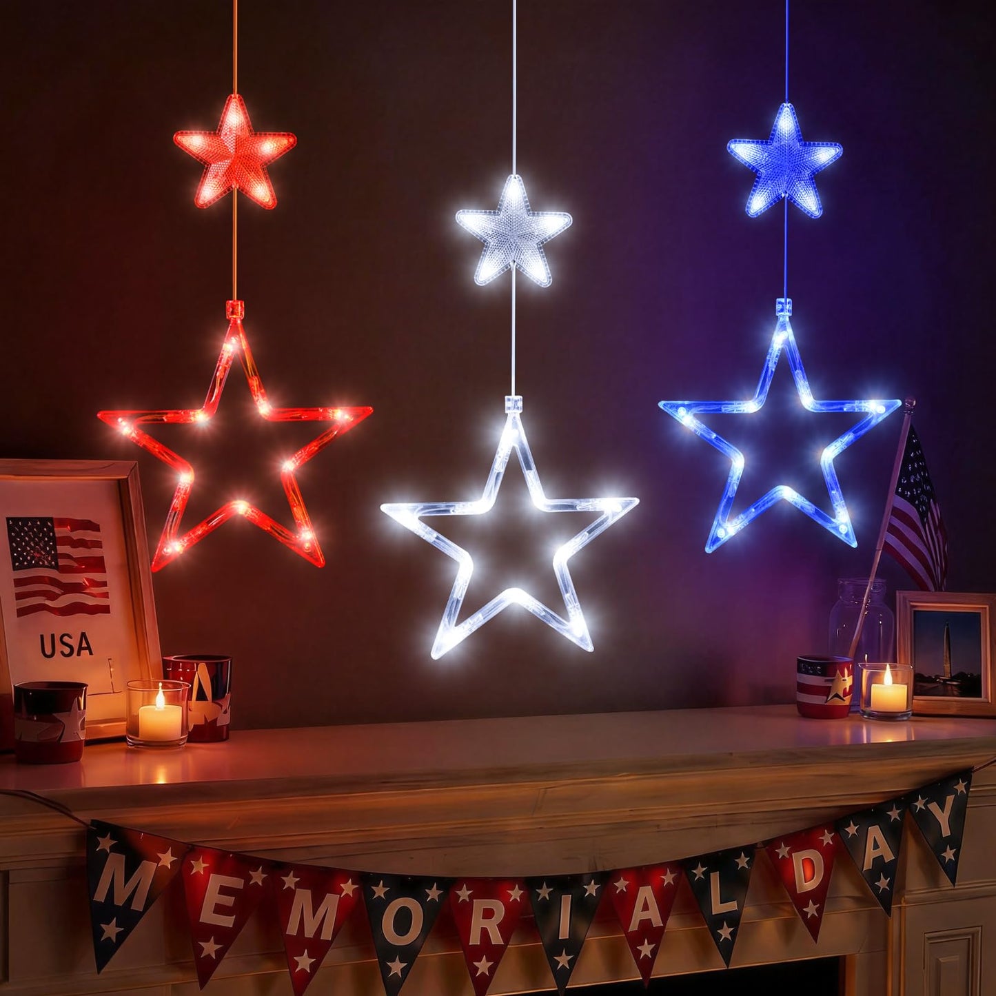 LYUBASA 4th of July String Lights Decorations, 3 Pack, Battery Operated, Red White and Blue, Indoor Window Star Lights, Patriotic Independence Day Decor