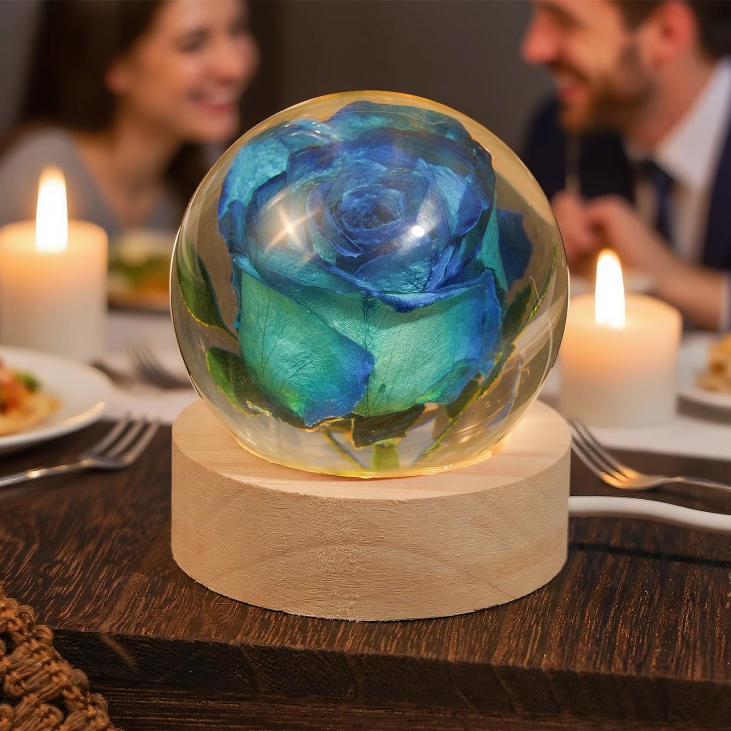 QNCMBUG Blue Rose Crystal Ball Night Light - Real Rose Encased in Glowing Resin Ball, USB-Powered Desk Lamp with Wood Base, Unique Gift for Valentine's Day, Mother's Day & Home Decor