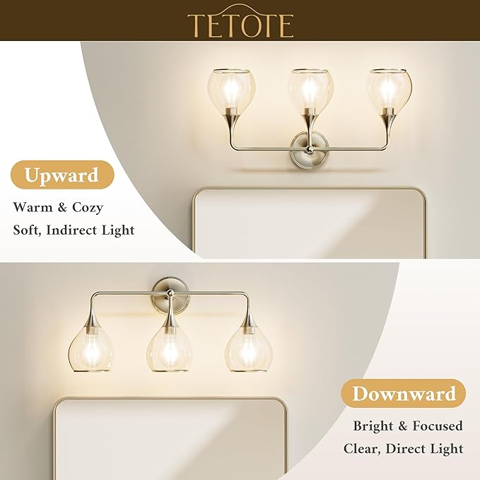 TETOTE 2-Light Modern Bathroom Light Fixtures, 2 Light Vanity Lights Over Mirror Brushed Nickel Wall Lamp with Clear Glass for Bathroom, Mirror, Living Room, Bedroom, Hallway