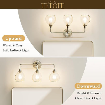 TETOTE 2-Light Modern Bathroom Light Fixtures, 2 Light Vanity Lights Over Mirror Brushed Nickel Wall Lamp with Clear Glass for Bathroom, Mirror, Living Room, Bedroom, Hallway