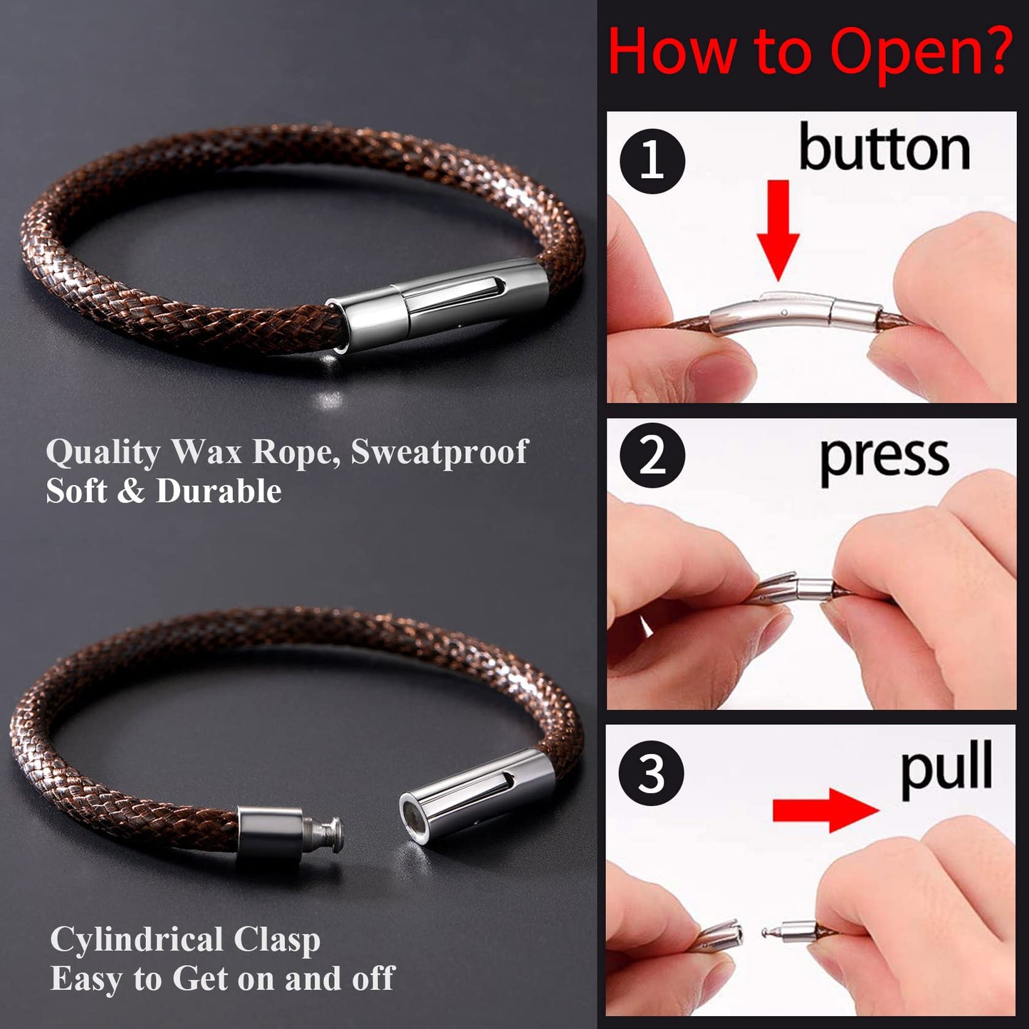 Brown Leather Bracelet for Women Waterproof Braided Wax Rope Chain Bangle 5mm 7.9 Inch Men Boyfriend Christmas Birthday