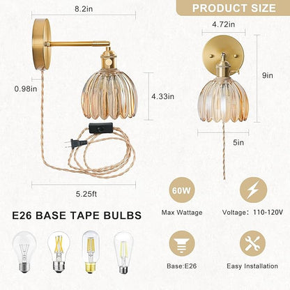 Plug in Wall Sconce, Vintage Sconce Light with Tulip Amber Glass Lampshade, 180° Adjustable Wall Sconce with Switch and Plug in Wall Lamp Cord, Gold Wall Light for Bedroom Bedside