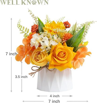 WELL KNOWN Small Fake Flowers in Plastic Vase 7" Centerpieces Coffee Table Decor, Silk Flower Arrangements for Home Decor Indoor Artificial Flower Bouquet for Dining Room Kitchen Wedding Yellow Orange