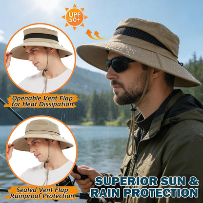 Men's UPF 50+ Waterproof Wide Brim Boonie Hat, Sun & Rain Protection Camel