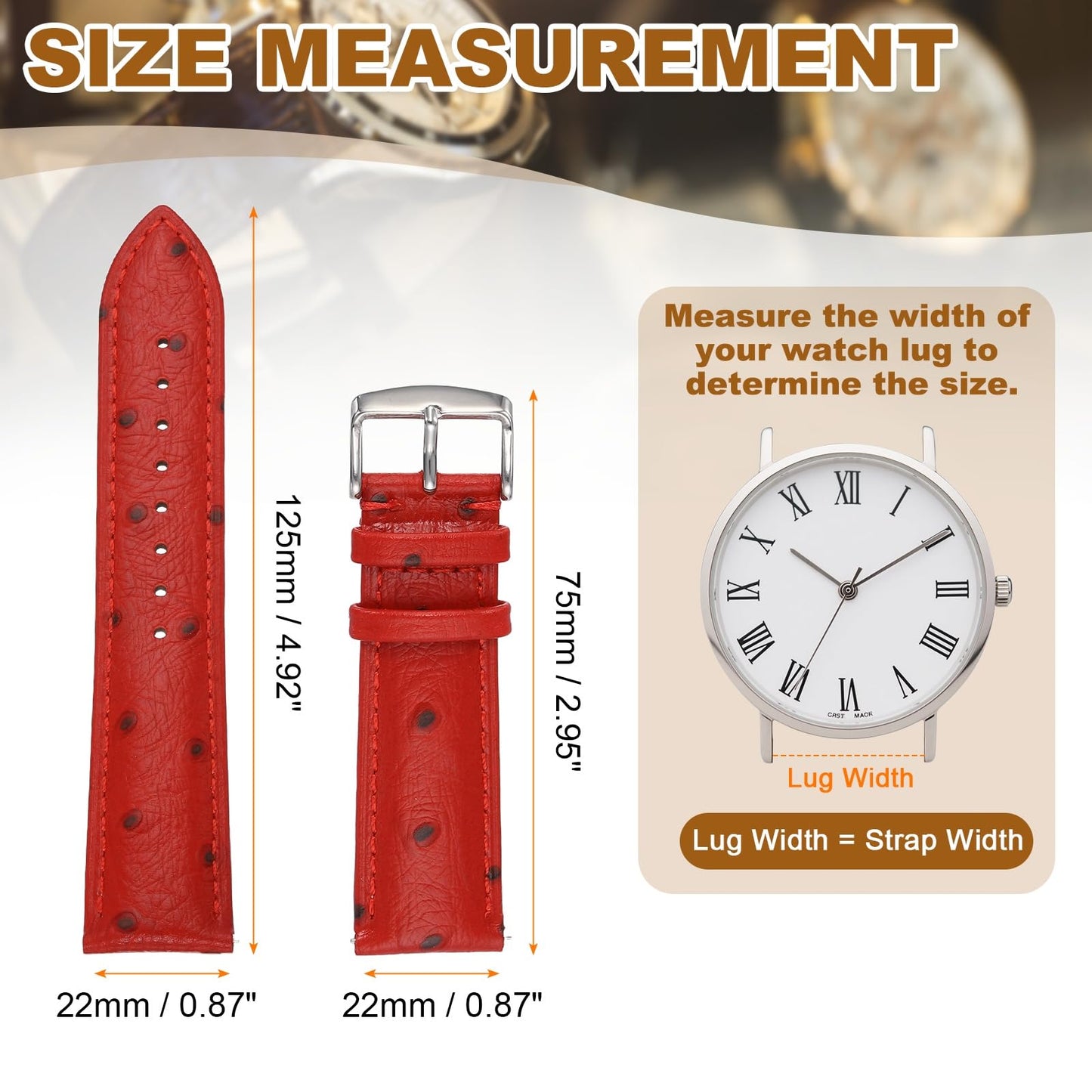 HARFINGTON Watch Band 22mm Width Vintage Top Grain Leather Quick Release Watch Strap Wristband Replacement Bands with Buckle Pin for Men Women Gifts, Silver-Red
