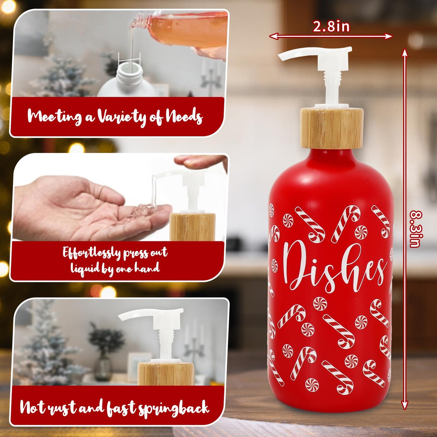 FYSUIMU 2 Pcs Christmas Soap Dispenser Glass Soap Dispenser with Pump Red Xmas Candy Cane Refillable Liquid Container for Hands Dishes Party Home Kitchen Bathroom Decor