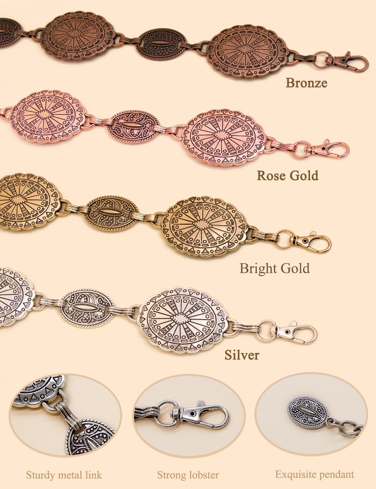 TOPACC Gold Western Belts for Woman Metal Concho Chain Belt Adjustable Cowgirl Belt for Dresses Jeans Boho Country Concert Outfit