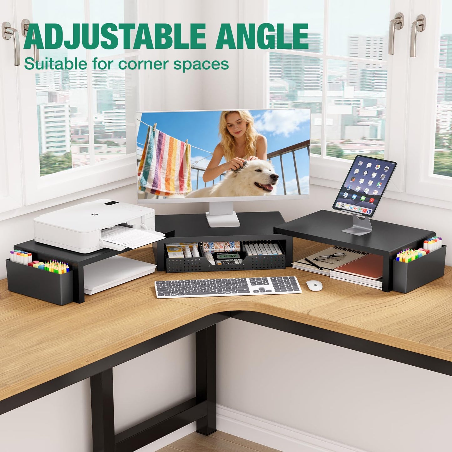 OPNICE Dual Monitor Stand Riser with Drawer and 2 Pen Holders, Desk Organizer for Office Supplies, Computer Monitor Stand for Desk, Workspace Desk Accessories for Home Office, Black