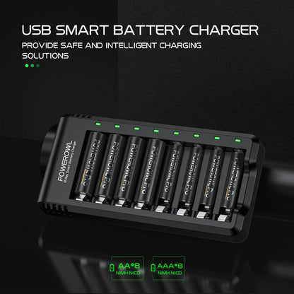 POWEROWL 8 Bay AA AAA Battery Charger, USB High-Speed Charging, Independent Slot, for Ni-MH Ni-CD Rechargeable Batteries, No Adapter