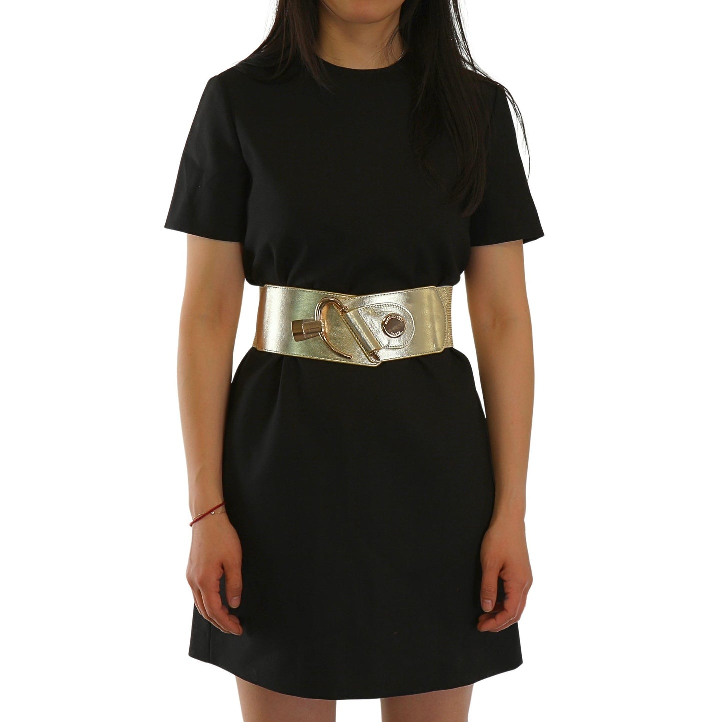FASHIONGEN - Cowhide leather elastic belt for women, DARLENE - Golden, X-Large/waist size 34 to 36