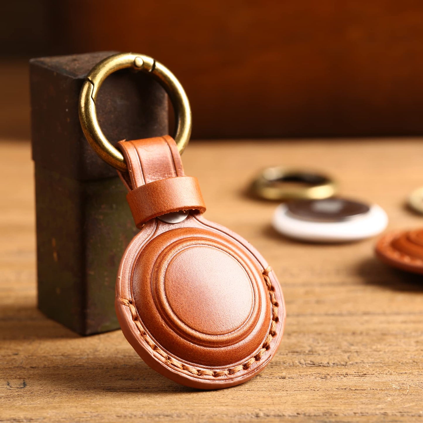 KEEPXYZ Genuine Leather Keychain Holder Compatible with Airtag 2nd & 1st Gen, Secure for Air Tag Keychain Holder Case Cover Key Chain Ring Accessories - Brown V1.0