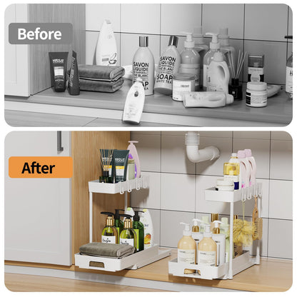 Delamu 2 Pack Under Sink Organizers and Storage, 2 Tier Pull Out Bathroom Cabinet Organizer, L-Shape Black Under Bathroom Kitchen Sink Organizer with Drawer for Under Sink Storage Organizer