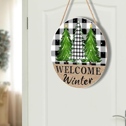 Buffalo Plaid Door Sign - 12in Pine Trees Wood Hanger for Outdoor Porch Rustic Winter Trees Hanging Plaque for Home Wall Decor