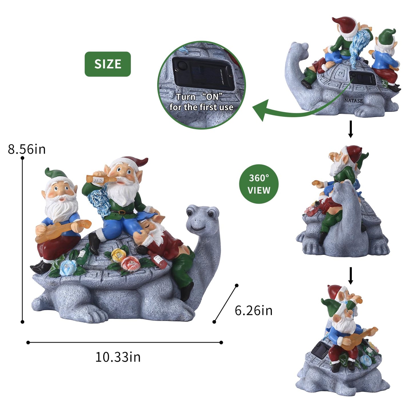 NATASE Solar Garden Outdoor Statues Gnome Turtle Three Gnomes Having Party on Turtle with 7 LED Lawn Decor Outside Decorations for Patio, Balcony, Yard Ornament Unique Garden Gift