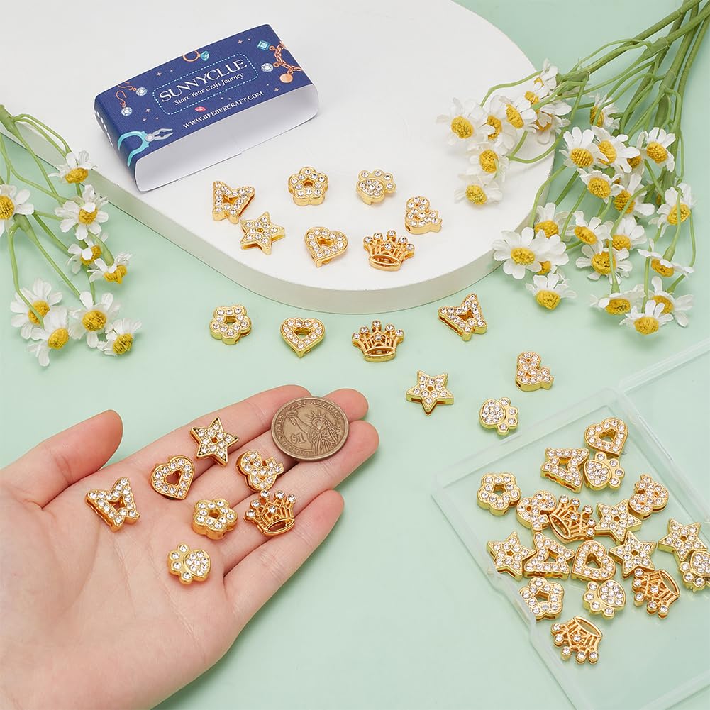 SUNNYCLUE 1 Box 42Pcs Gold Slide Charms Bulk Alloy Slider Charm Rhinestone Star Heart Butterfly Flower Paw Symbol Crown Slide Charm Spacer Beads for Bracelets Necklace Wristbands Jewelry Making Crafts