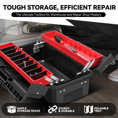 Auto Dynasty Tool Box Set Portable 2-layer Folding Toolbox with Non-slip Handle Tray for Garage, Workshop and On-the-Go Repairs, Red/Black