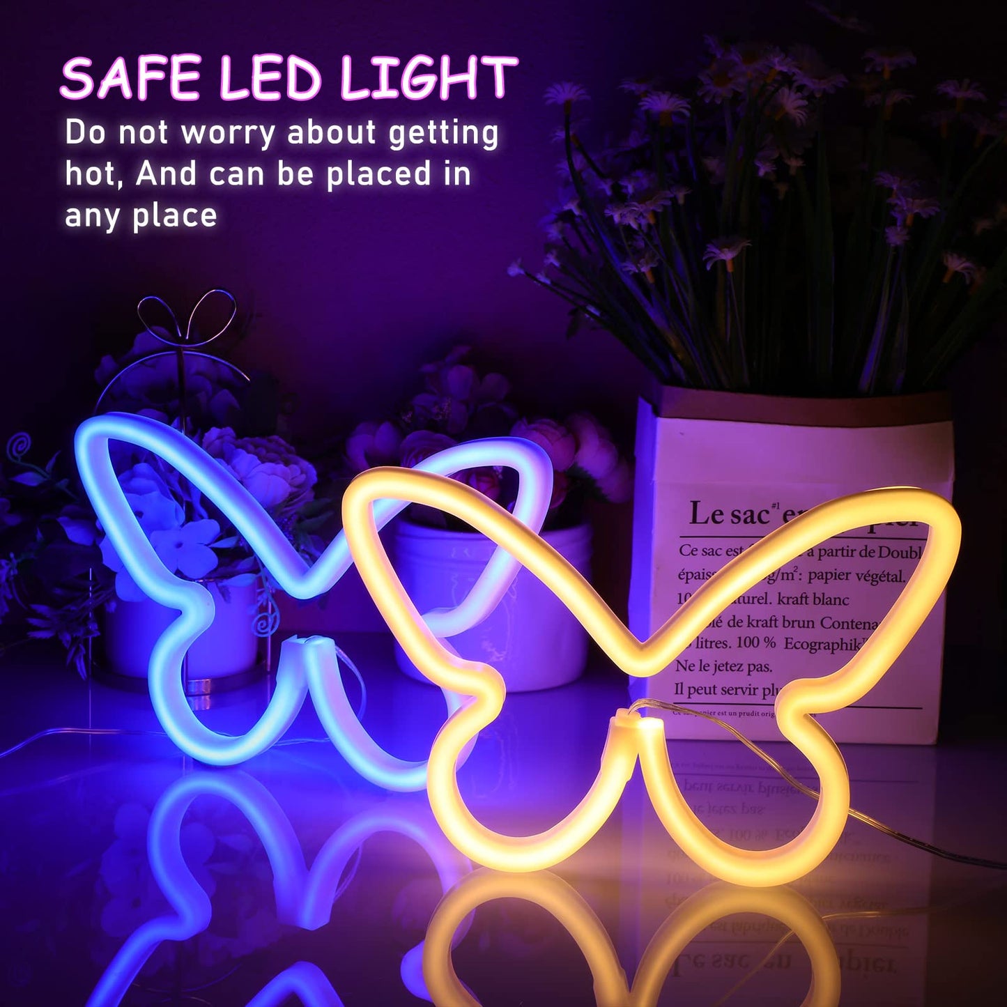 Riakrum 2 Pcs Butterfly Neon Signs LED Light 3AA Battery Powered USB Operated Wall Neon Light Decor Butterfly Wall Art for Christmas Home Bedroom Birthday Party Decor(Blue, Warm White)