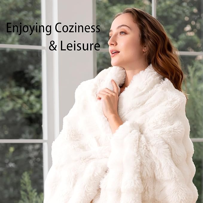 Luxury Faux Fur Throw Blanket 3D Bubble for Couch - Fluffy Blanket Double-Sided Non-Shedding, 50x60 Inches, Fits Bed/Car/Camping/Patio, Gift for Women,Room Decor,White