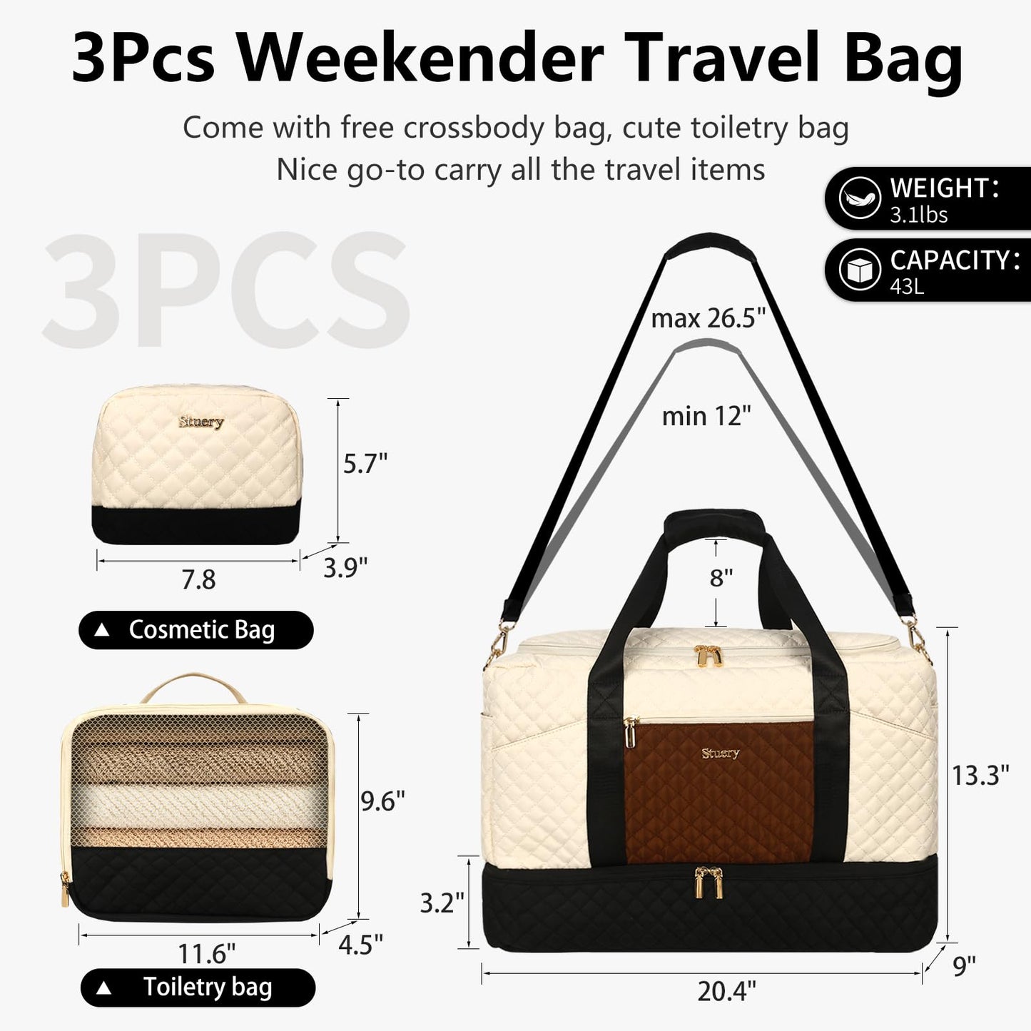Stuery Weekender Bags for Women with Toiletry Bags: Large Overnight Bags Travel Duffel Bag Carry On Shoulder Weekend Tote with Shoe Compartment and Wet Pocket for Girls Airplane Traveling