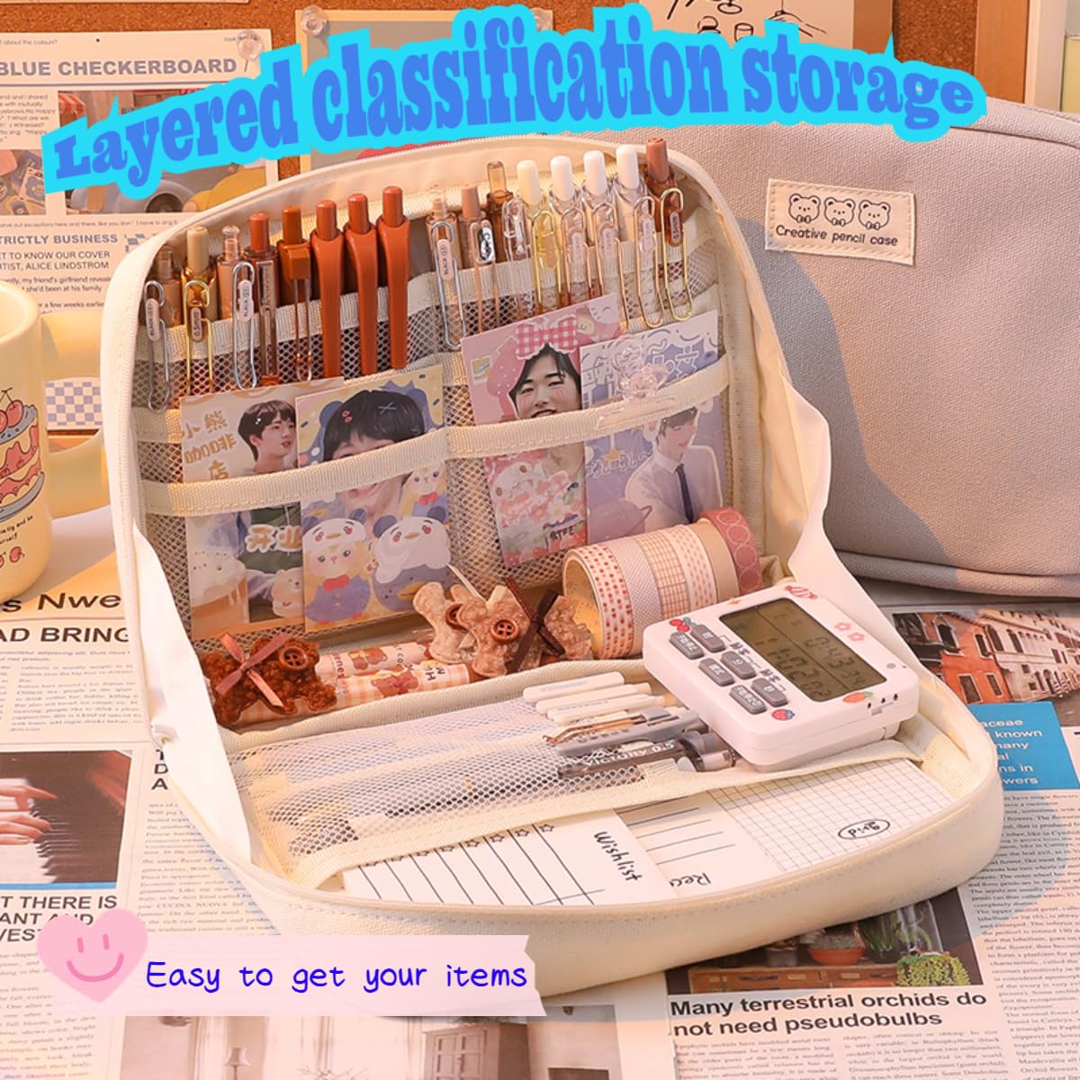 Fcteap Pencil Case Pouch Box Cute Kawaii Large Capacity Aesthetic Zipper Pen Holder Organizer Bag for Office Workspace Supplies Desk Accessories Travel (Off-White)