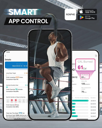 Jump Rope, RENPHO Smart Jump Rope with Counter, Fitness Skipping Rope with APP Data Analysis, Workout Jump Ropes for Home Gym, Crossfit, Jumping Rope for Exercise for Men, Women, Girls, Kids
