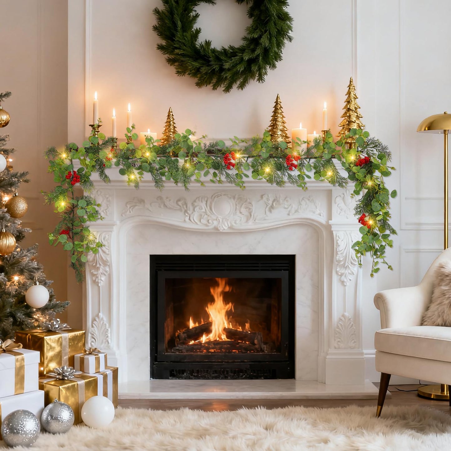 6FT Prelit Christmas Garland with Lights, Realistic Eucalyptus Garland with Artificial Cedar Cypress Leaves Red Berries Pine Cone Greenery Xmas Garland for Mantle Stair Railing Fireplace Decoroation