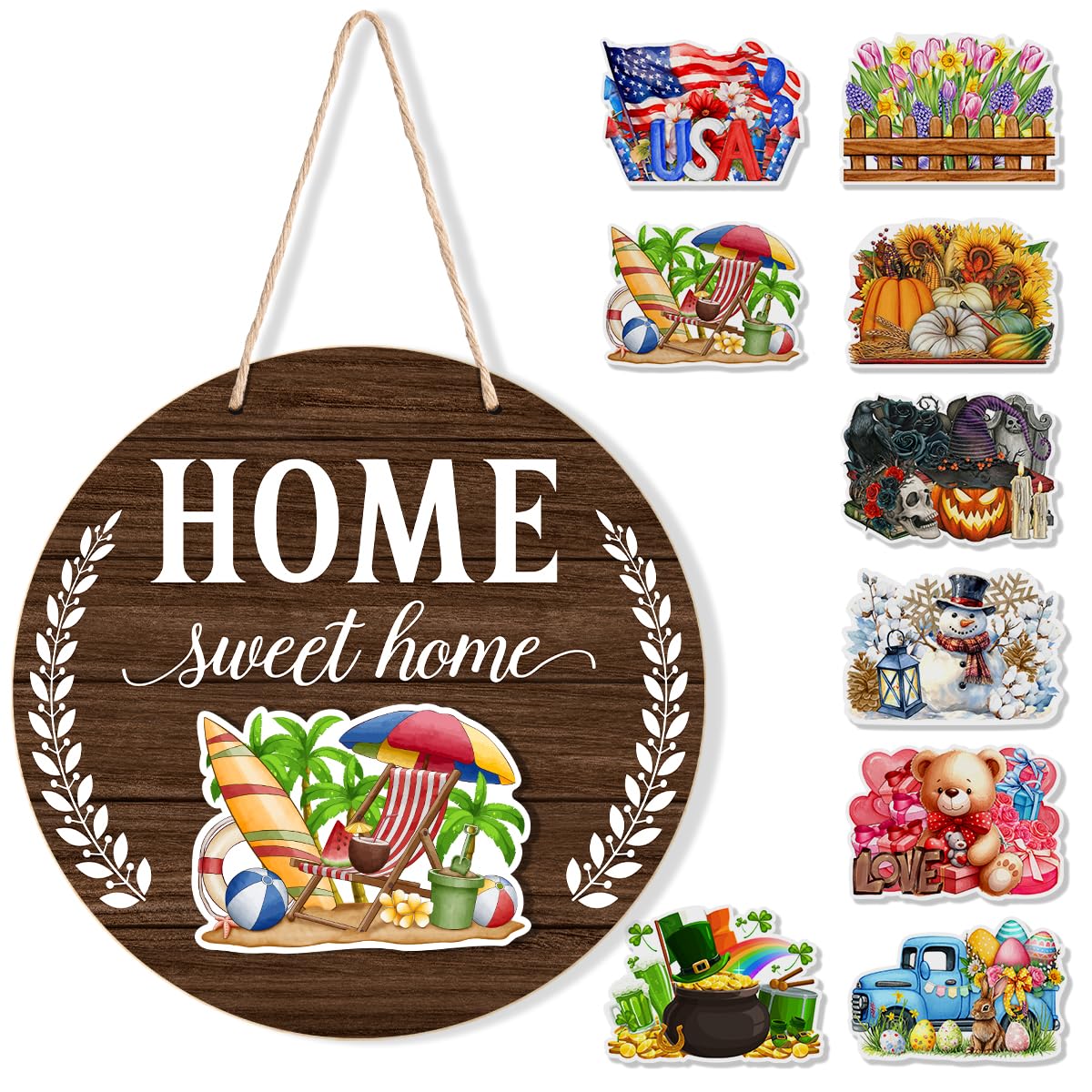 Interchangeable Welcome Sign Summer Patriotic 4th of July Front Porch Decor, Rustic Round Wood Wreath Door Decoration, Home Sweet Home Sign for Spring Fall Winter All Seasons Holiday, Dark Brown