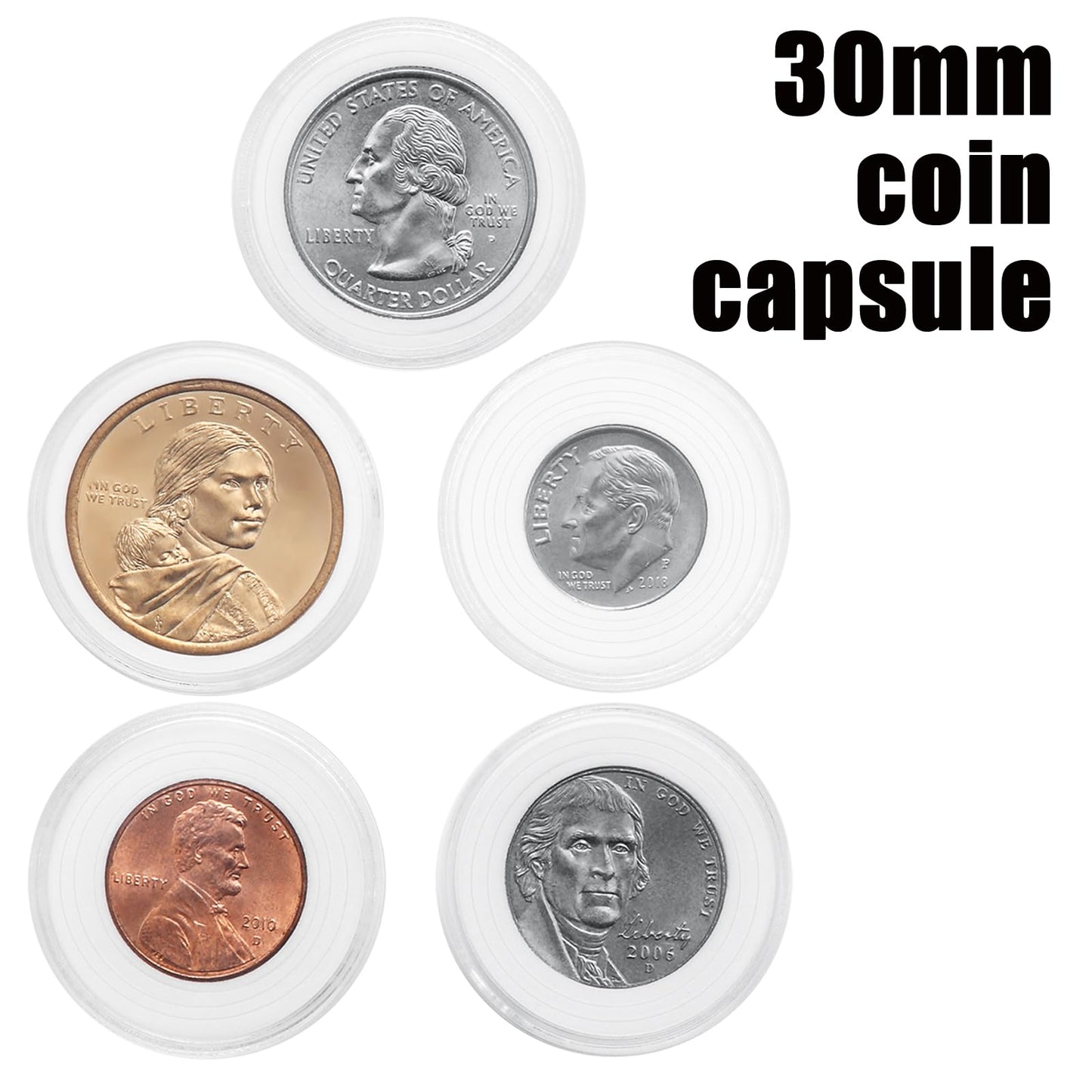 MUQING 240 PCS 30mm Plastic Coin Capsule Holder, 5 Sizes Protect Gasket Coin Case for Collectors, Round Coin Collecting Supplies with Storage Box
