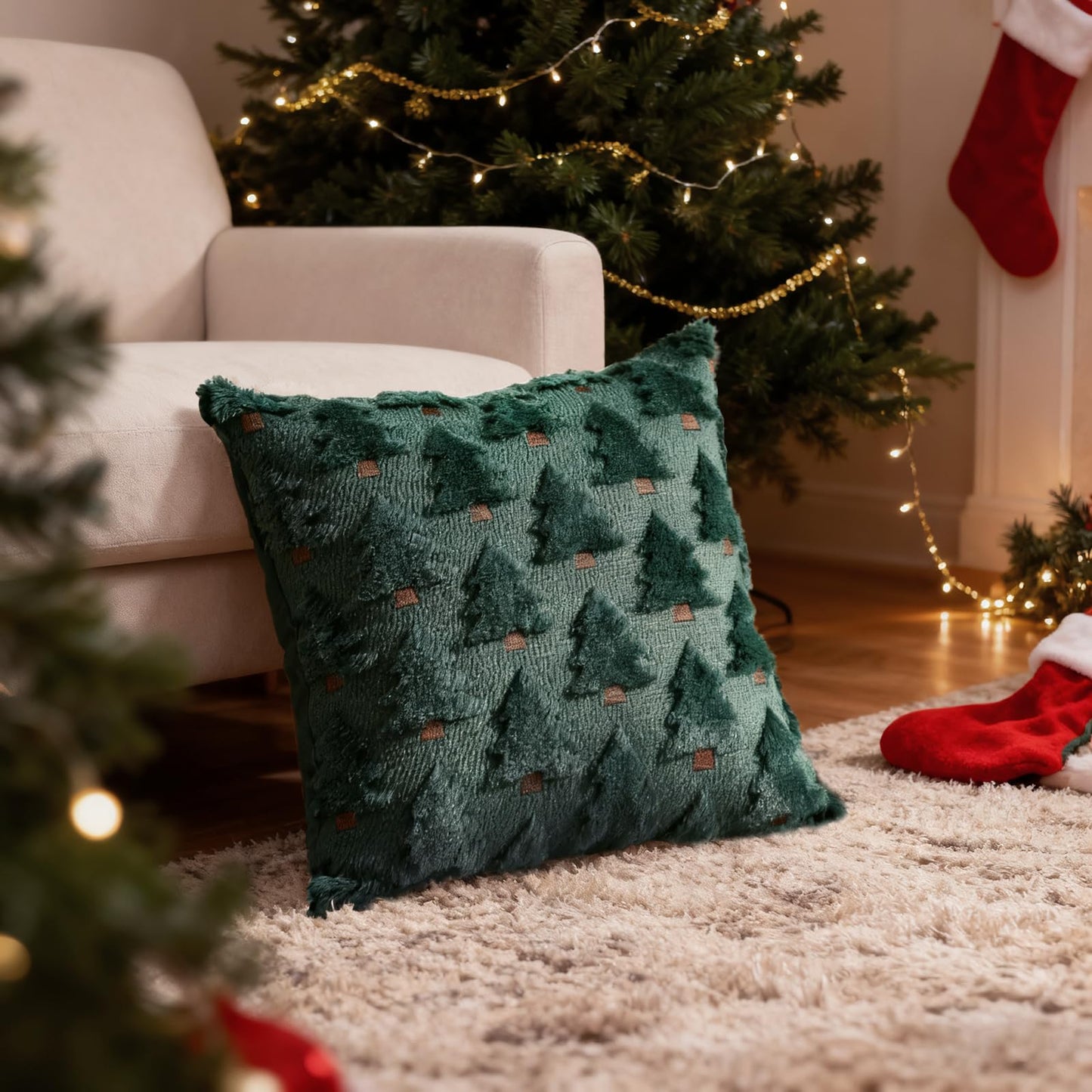 HDVUHKI Christmas Throw Pillow Covers 18x18 inch Set of 4, Green Xmas Tree Holiday Winter Living Room Soft Fluffy Plush Faux Fur Wool Decorations for Sofa Couch Bed