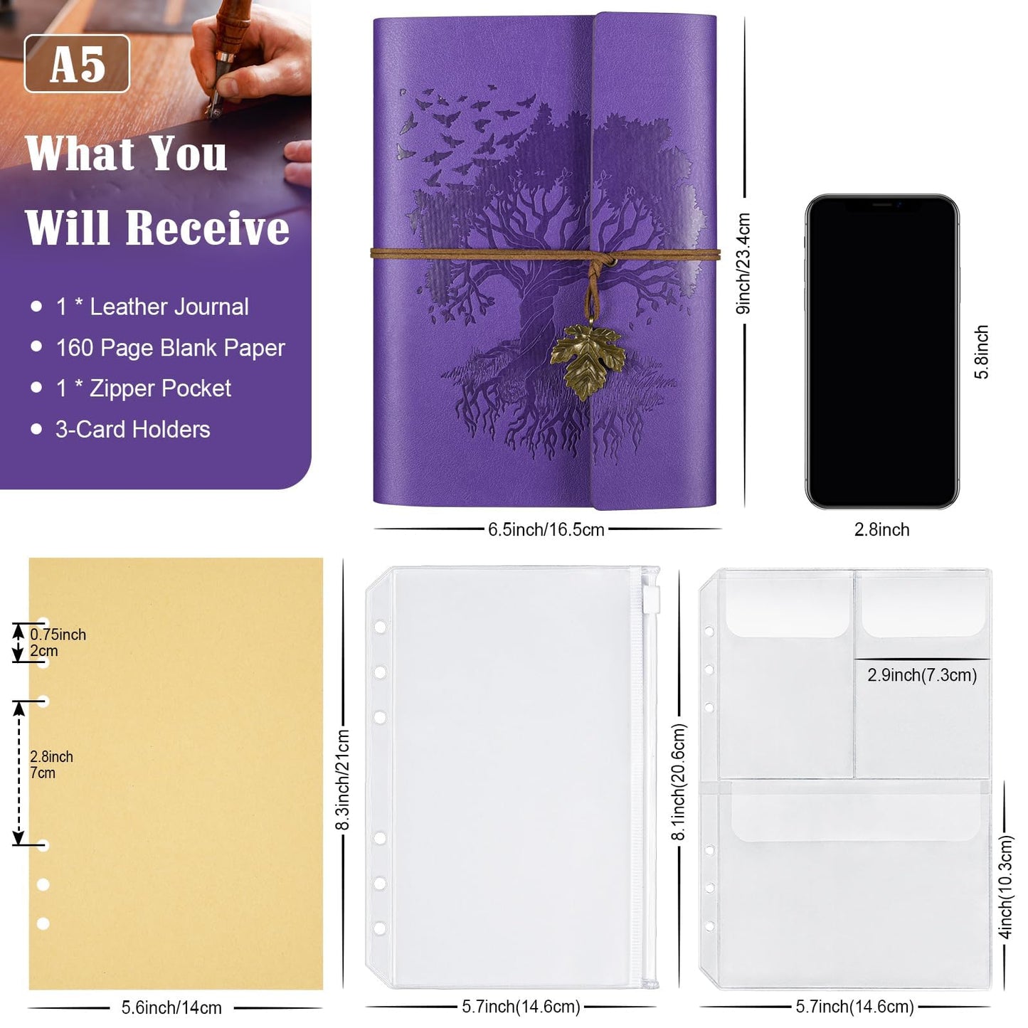Leather Journals Notebooks with Blank Pages, Vintage Refillable Journal for Writing, Personal Travel Diary Art Sketchbook to Write in, Gifts for Women, Men, Teen Girls and Boys, 160 Pages (Purple, A5)