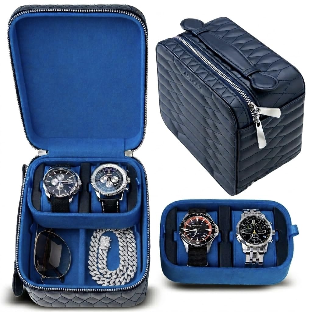 LUXVAULT Travel Watch Case - Luxury Watch Box Organizer, Leather Mens Jewelry box Organizer with Ultra-Suede Lining, 4-Slot watches case with Sliding Cushion System & Compartments for Sunglasses