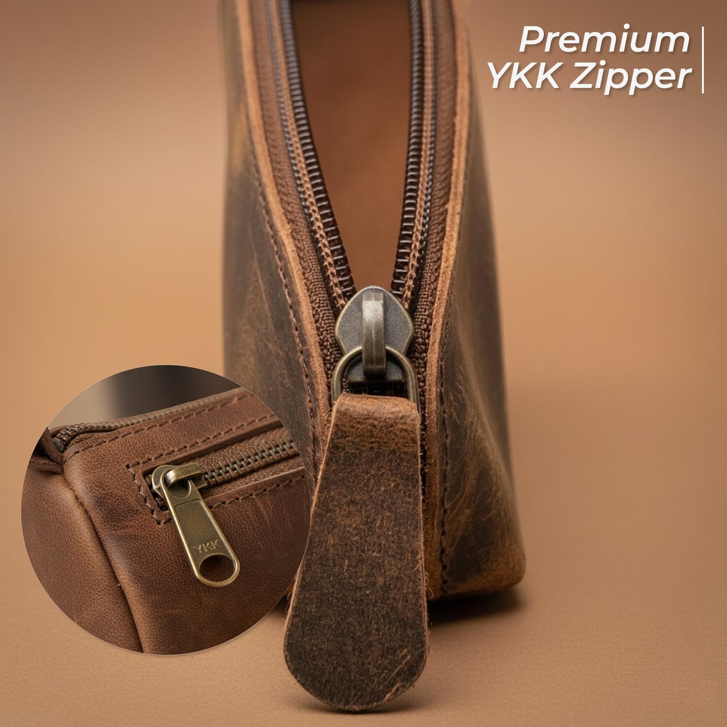 WANDERINGS Vintage Leather Pencil Pouch Case – 7" Round – Hand Crafted Functional Brown Leather Zipper Pouch – Round Pencil Case Holder for Men and Women – Travel Makeup, Jewelry, and Purse Bag