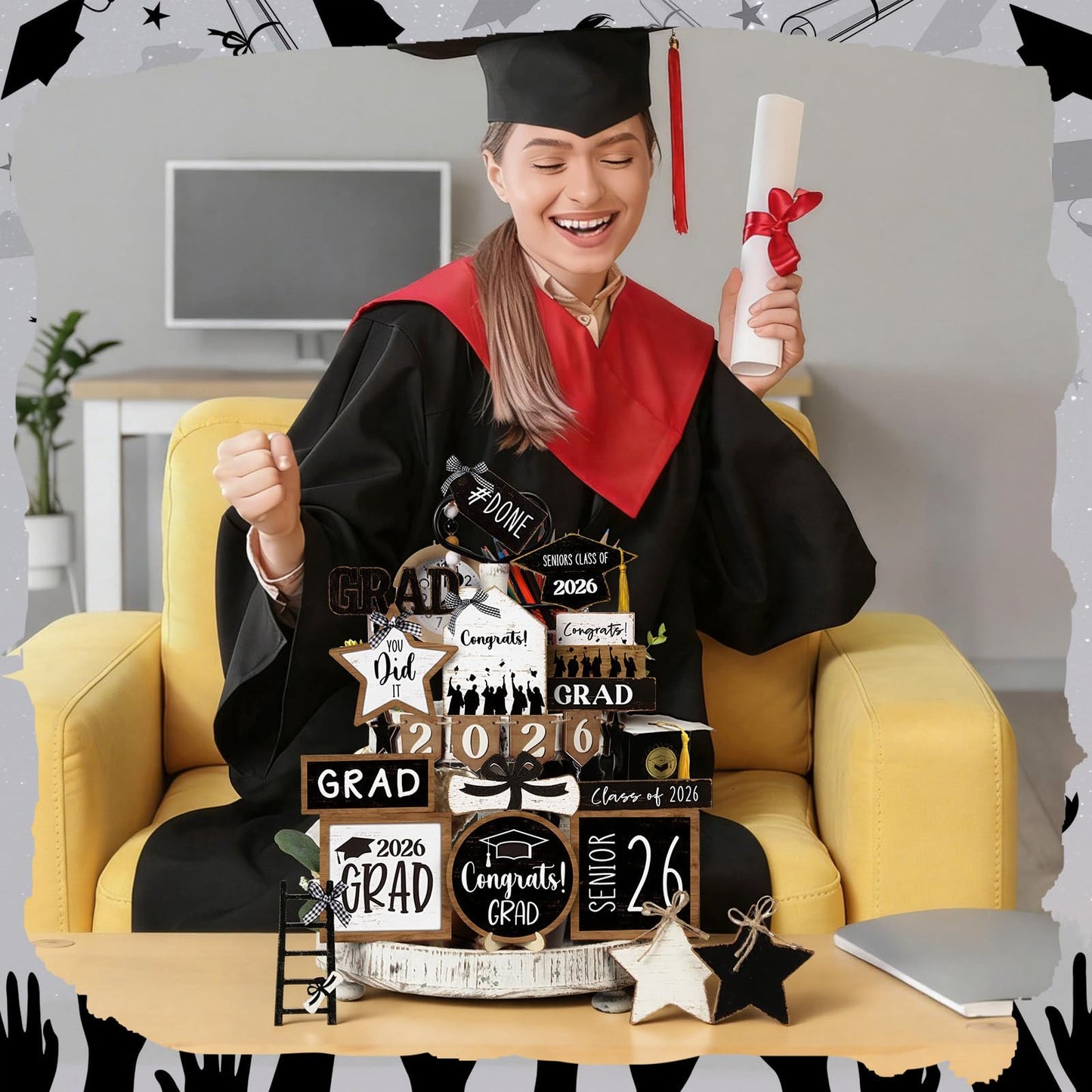 Vercraft 18 Pcs Graduation Tiered Tray Decorations Class of 2026 Tiered Tray Decor Black White Grad Wooden Signs Farmhouse Table Shelf Decoration for Graduation Party Supplies(Black White)