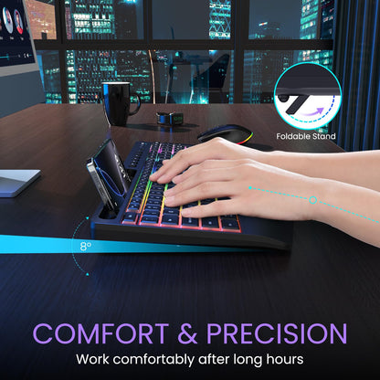 Wireless Keyboard and Mouse Combo- VEILZOR 2.4G Rechargeable Keyboard with Phone Holder, Ergonomic Wrist Rest, 9 RGB Backlit Effects, Silent Keyboard Mouse Set for Windows, Laptop, PC