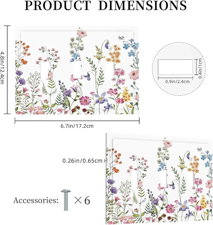 Rustic Wild Floral Vintage Watercolor Flower 3 Gang Wall Plates Decorative Triple Toggle Light Switch Cover Electrical Switchplate Unused Decorate Faceplate for Bathroom Home