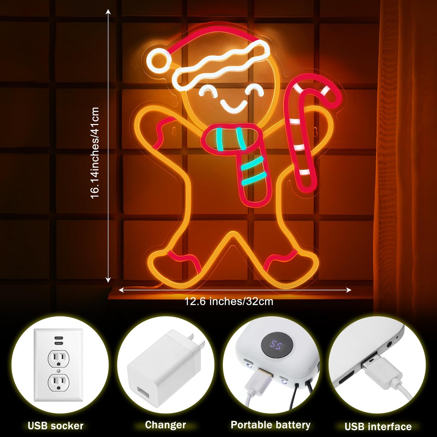 Xuhal Gingerbread Man Neon Sign, Christmas Neon Sign,xmas Decorations Light up LED Light USB Wall Bar Living Room Decor for Winter Home Bedroom Office Table