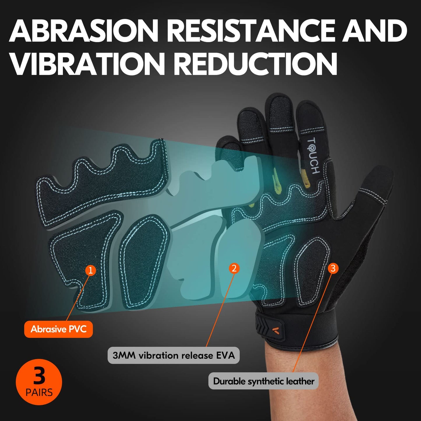 Vgo... 3-Pairs Heavy Duty Synthetic Leather Work Gloves, Impact Protection Mechanic Gloves, Rigger Gloves, Vibration Reduction, Touchscreen Capable (Size XL, Black, SL8849)