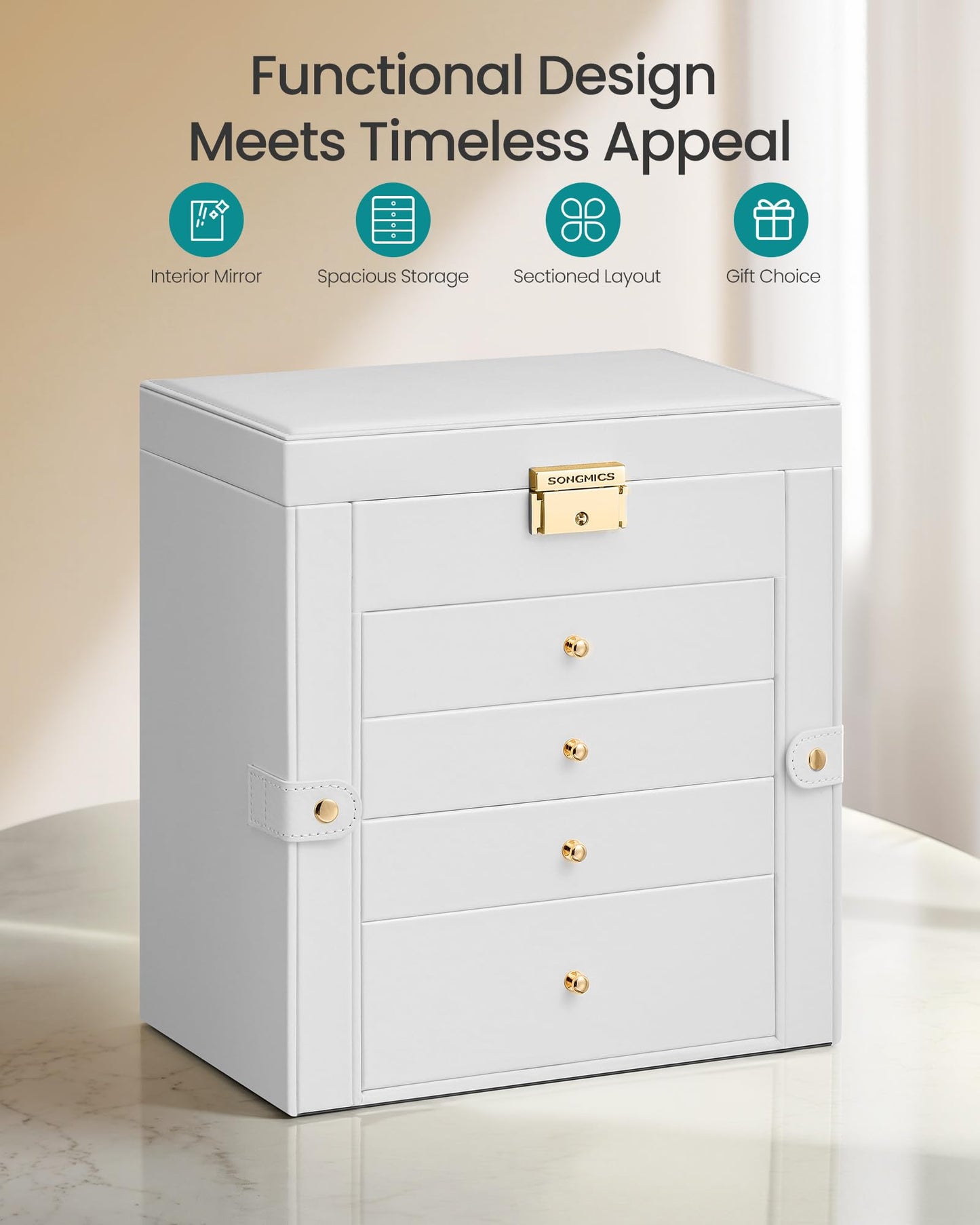SONGMICS 5-Layer Jewelry Box Organizer with 4 Drawers, Jewelry Storage Case with Lock and Mirror, Large Storage Capacity, Gift for Loved Ones, for Necklaces, Watches, Cream White UJBC153WD01S
