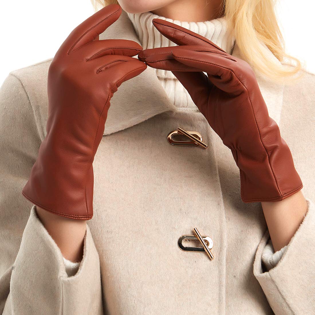 MGGM collection Womens Nappa Lambskin Leather Gloves Cashmere Lining,Cognac,Large