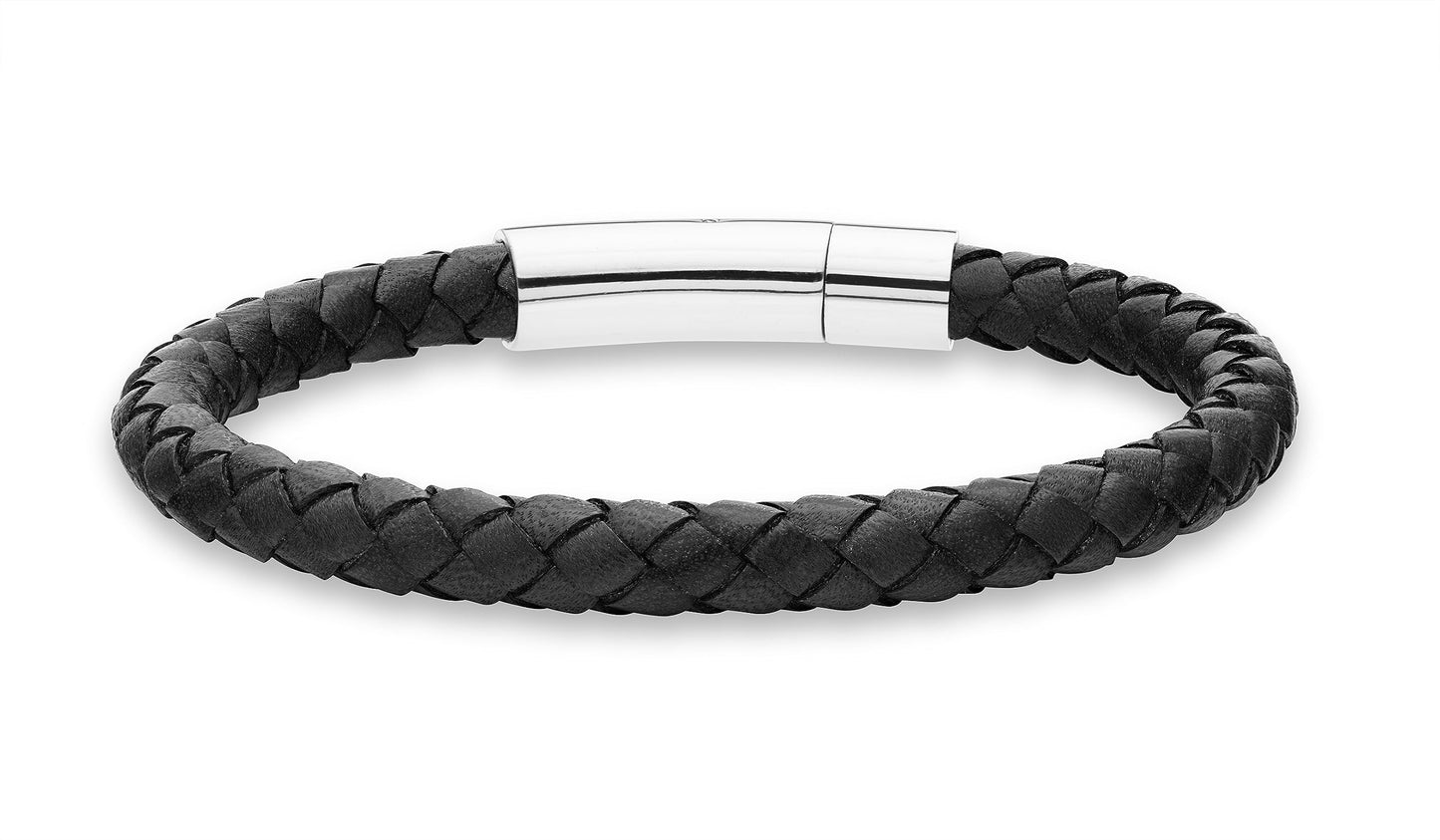Miabella Genuine Italian Braided Leather Bracelet for Men, Stainless Steel Clasp, Made in Italy (Black, Small - 7" Length)