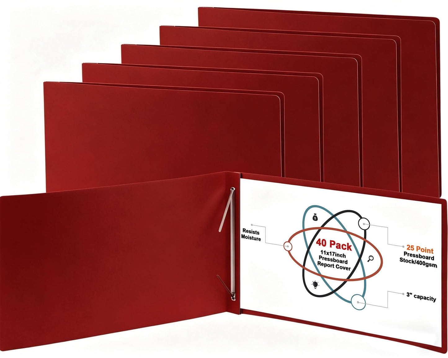 gisgfim 40 Pcs 11'' x 17'' Pressboard Report Cover 3" Capacity Metal Prong Paper Fastener with Compressor Presentation Binder Folder to Neatly Bind Reports Proposals Transcripts Document (Red)